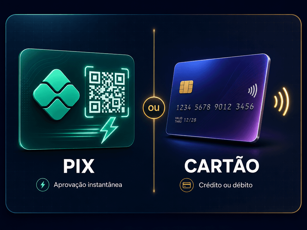 Pague com Pix (aprovação instantânea) ou cartão (crédito ou débito)
